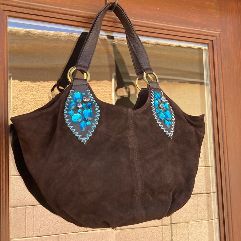Genuine leather, turquoise rhinestone purse handbag. New